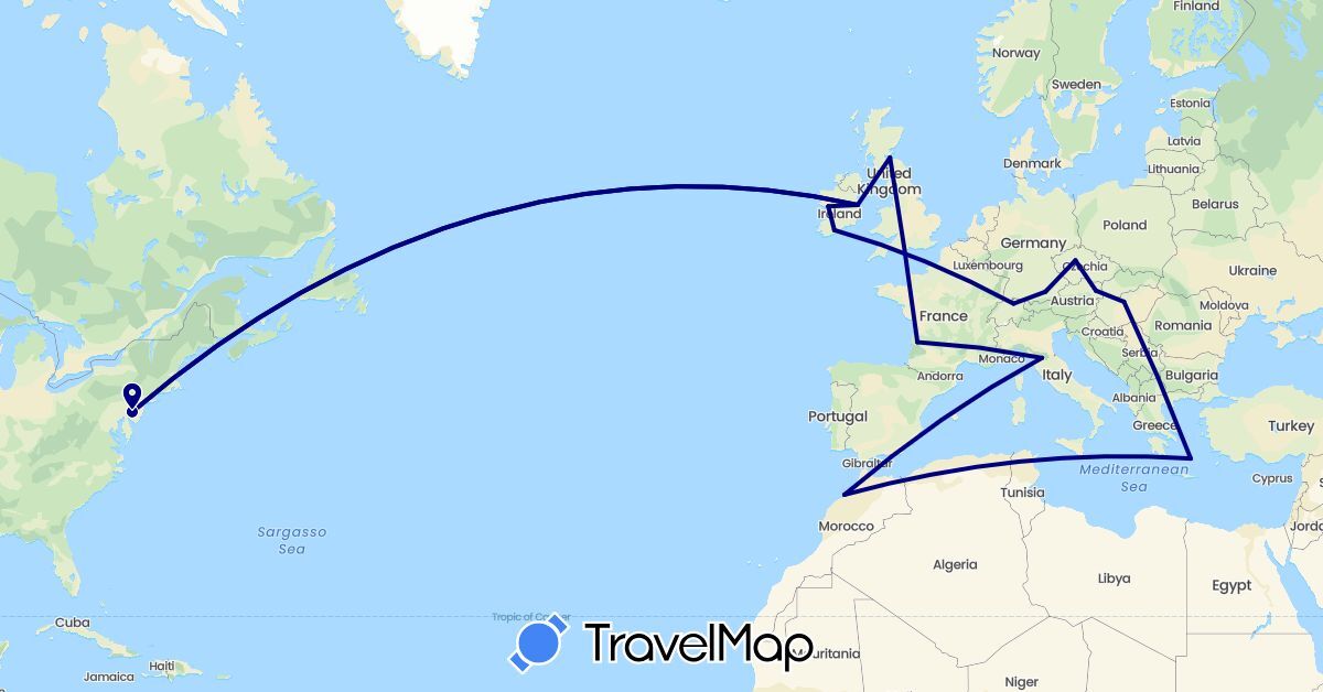 TravelMap itinerary: driving in Austria, Switzerland, Czech Republic, Germany, France, United Kingdom, Greece, Hungary, Ireland, Italy, Morocco, United States (Africa, Europe, North America)